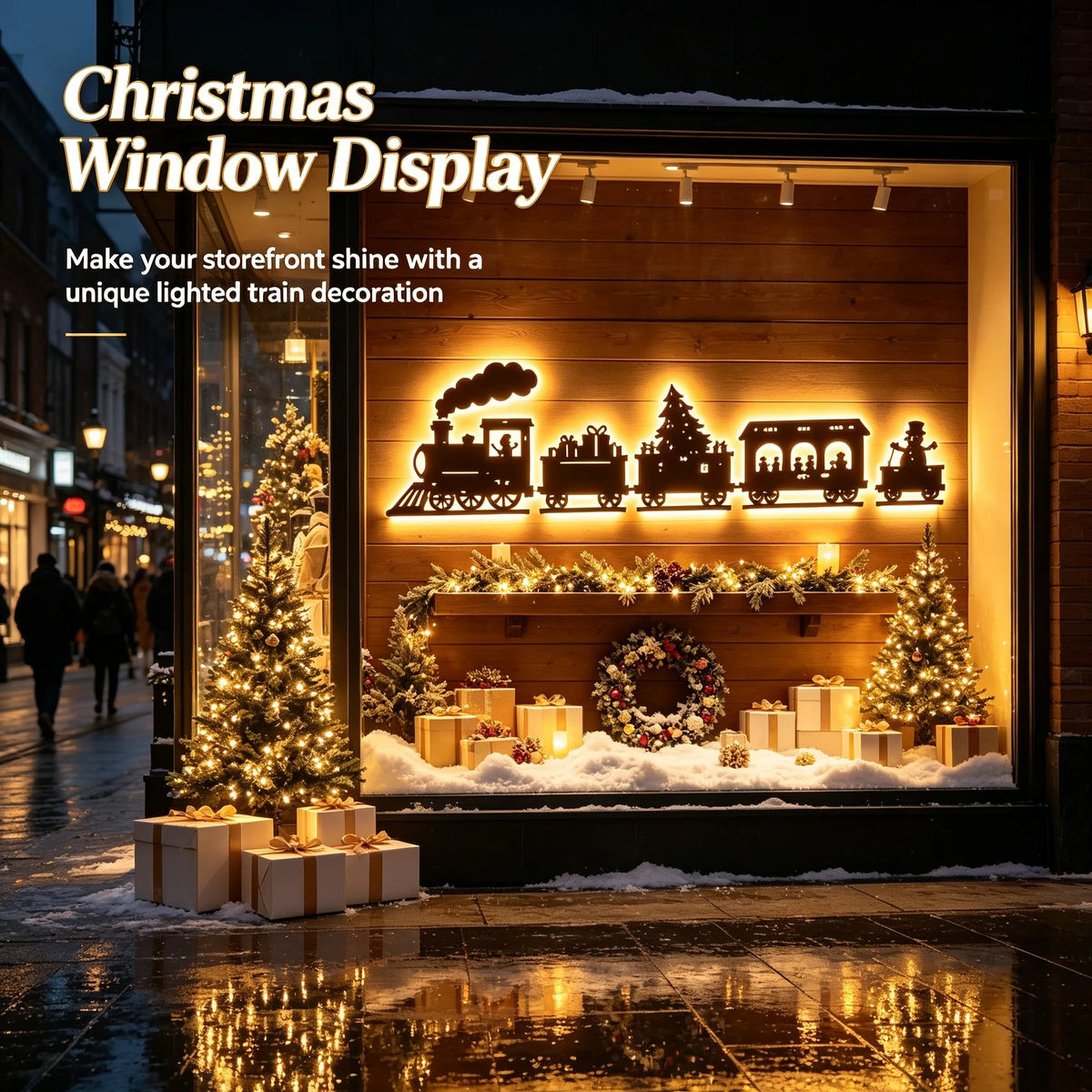 🎄 Kerstachtige houten LED-wandlamp in de vorm van een treintje ✨ Vintage wanddecoratie met silhouetten van kersttreintjes, warm verlicht kerstbord, kerstversiering voor thuis en feestjes, ook geschikt als cadeau
