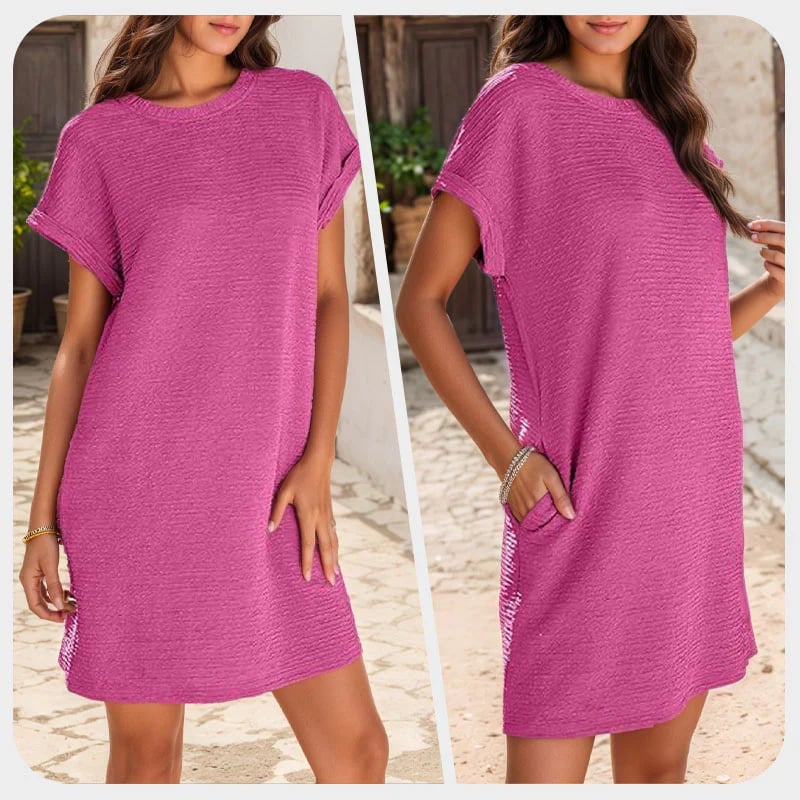 🔥2025 Nieuw-💞Losse Damesjurk Met Zakken En Opgerolde Zoom In Effen Kleur/Women's Loose Pocket Solid Color Rolled Hem Dress