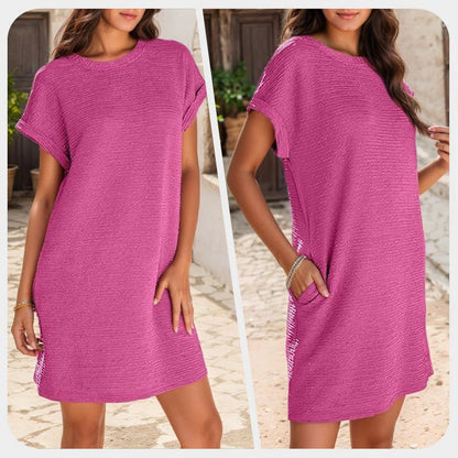 🔥2025 Nieuw-💞Losse Damesjurk Met Zakken En Opgerolde Zoom In Effen Kleur/Women's Loose Pocket Solid Color Rolled Hem Dress