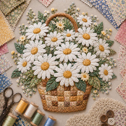 🌸🧵 Premium bloemenmand-patchwork-doe-het-zelfpakket | Hoogwaardig boeket van gelaagde stoffen met reliëfbloemblaadjes en geweven manddetails ✨