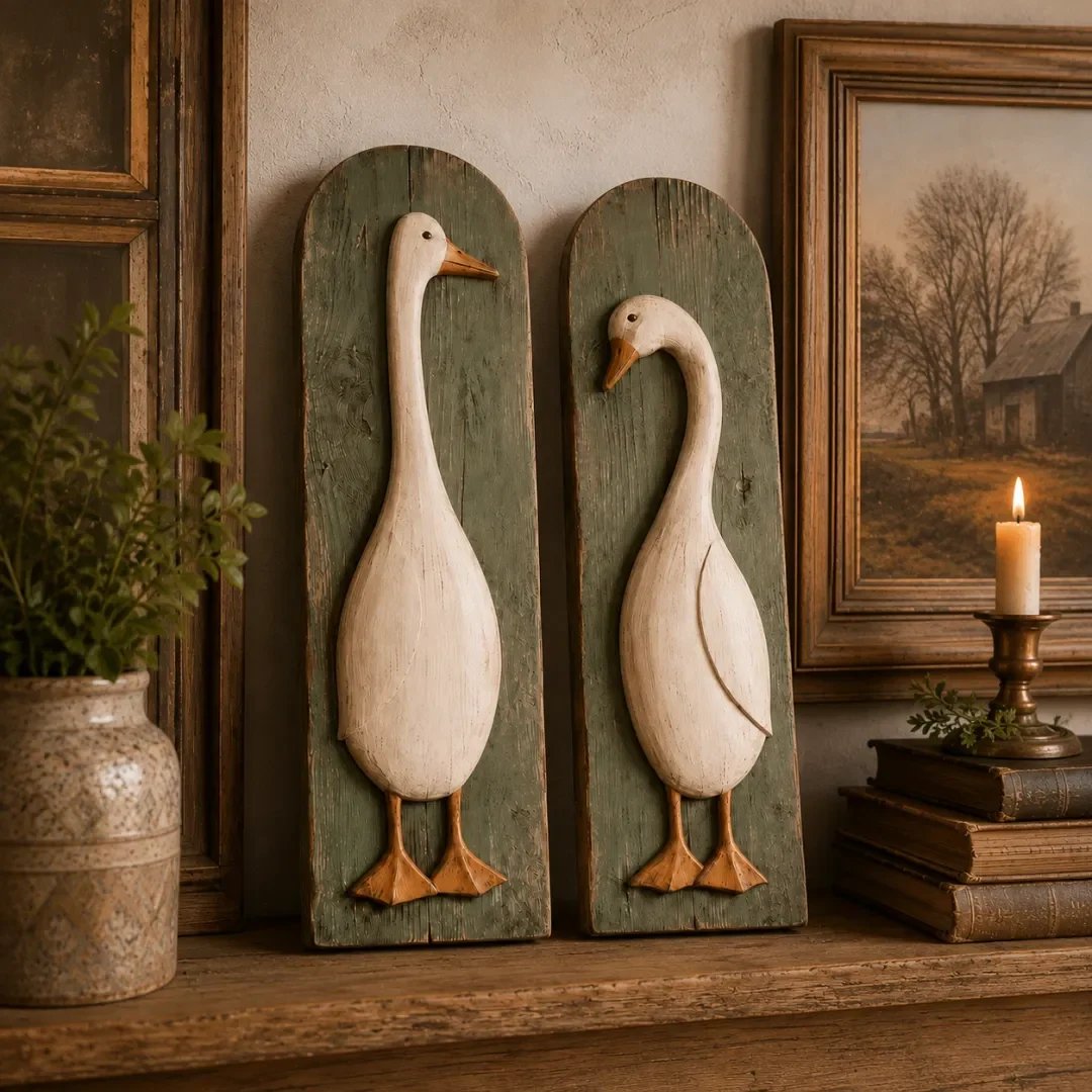 Handgemaakte rustieke wanddecoratie met ganzen, set van 2
