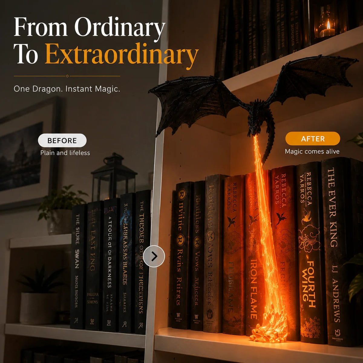 🐉 Vuurspuwende draak-boekenplankdecoratie-lamp + LED-vlamverlichtingsset