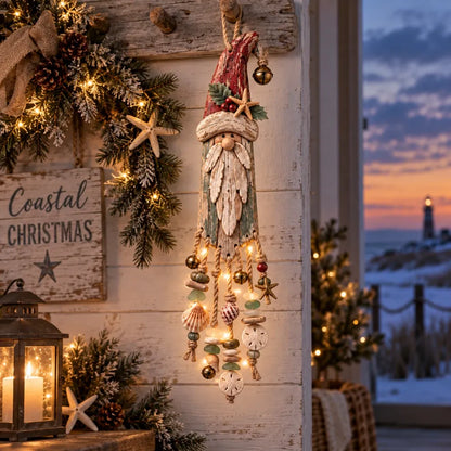 Vintage kustthema: verlichte kerstwandversiering met Kerstman – Kerstversiering voor het strandhuis met zeesterren, schelpen en een warme gloed