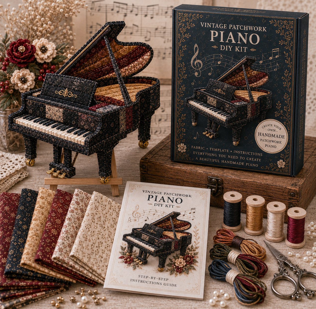 🎶🧵 Premium vintage patchwork-bouwpakket voor muziekinstrumenten | Hoogwaardige gelaagde stof met gestikte details – DIY handgemaakte decoratie voor de muziekkamer ✨