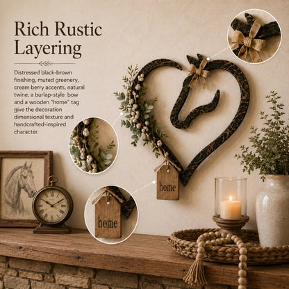Rustieke wanddecoratie in de vorm van een paardenhart met groen – landelijke paarden-woondecoratie