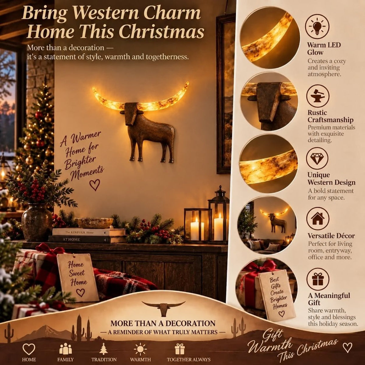 🐮✨Verlichte Longhorn-wandsculptuur – Rustieke western-LED-wanddecoratie🌙