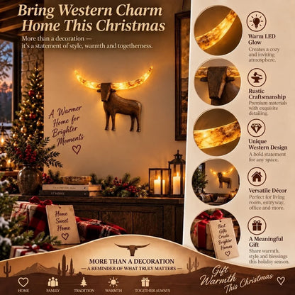 🐮✨Verlichte Longhorn-wandsculptuur – Rustieke western-LED-wanddecoratie🌙
