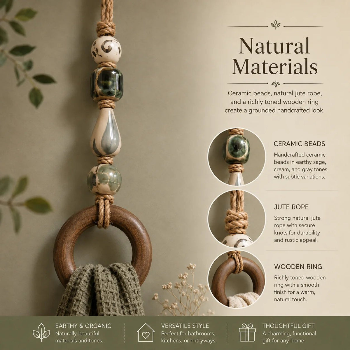 Decoratieve handdoekhanger met kralen en houten ring
