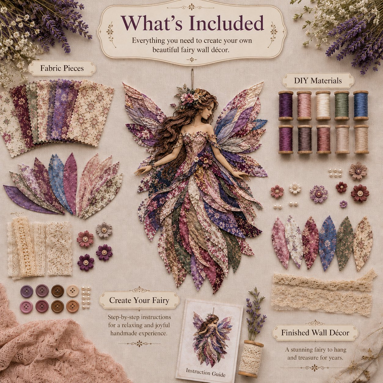 🧚‍♀️🌸 Premium DIY-pakket ‘Fairy Patchwork’ | Hoogwaardige gelaagde stof met bloemenvleugels – DIY handgemaakte fantasiewanddecoratie ✨