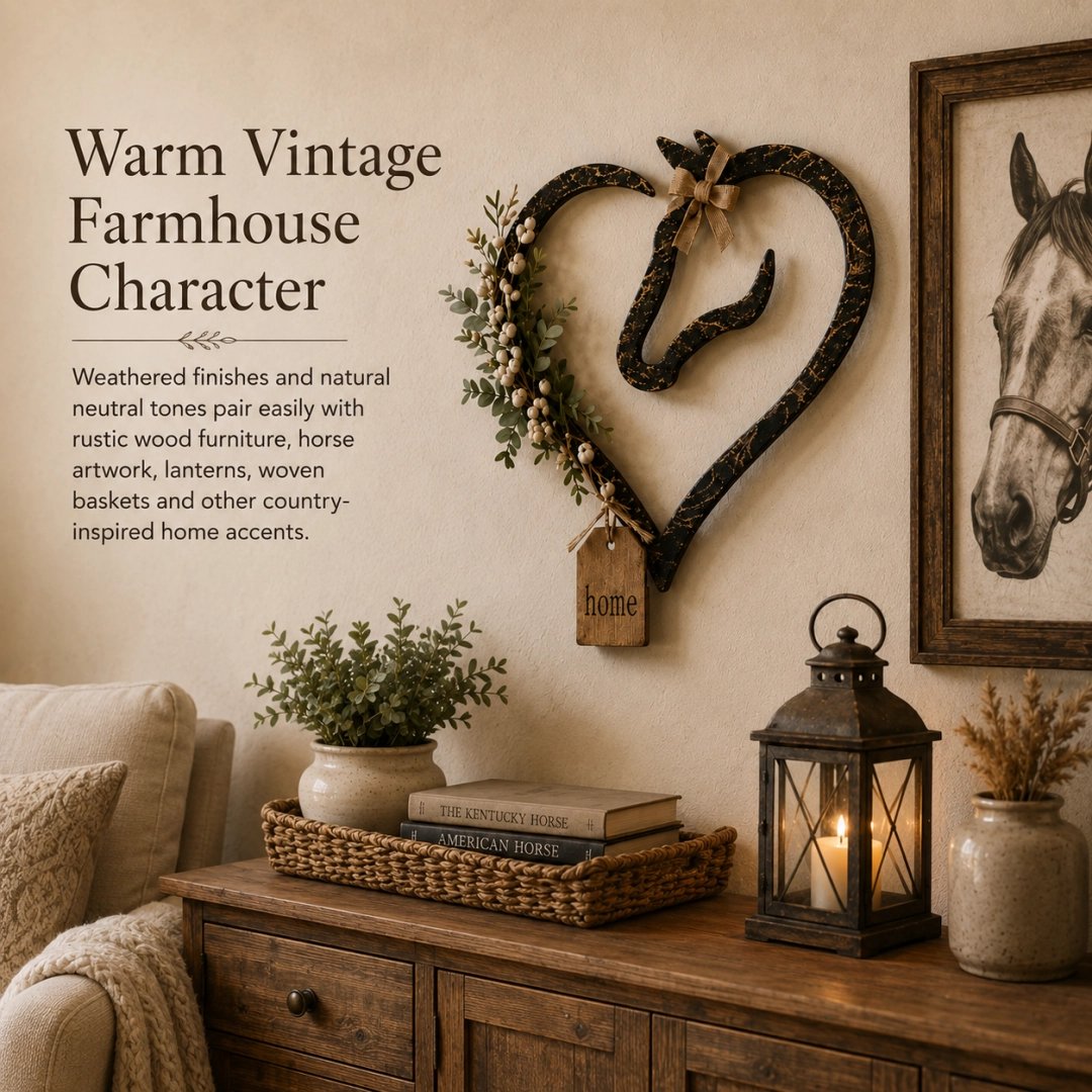 Rustieke wanddecoratie in de vorm van een paardenhart met groen – landelijke paarden-woondecoratie