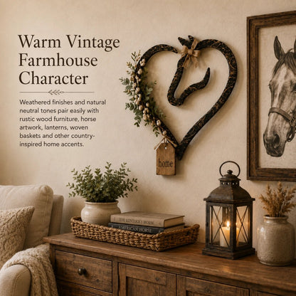 Rustieke wanddecoratie in de vorm van een paardenhart met groen – landelijke paarden-woondecoratie