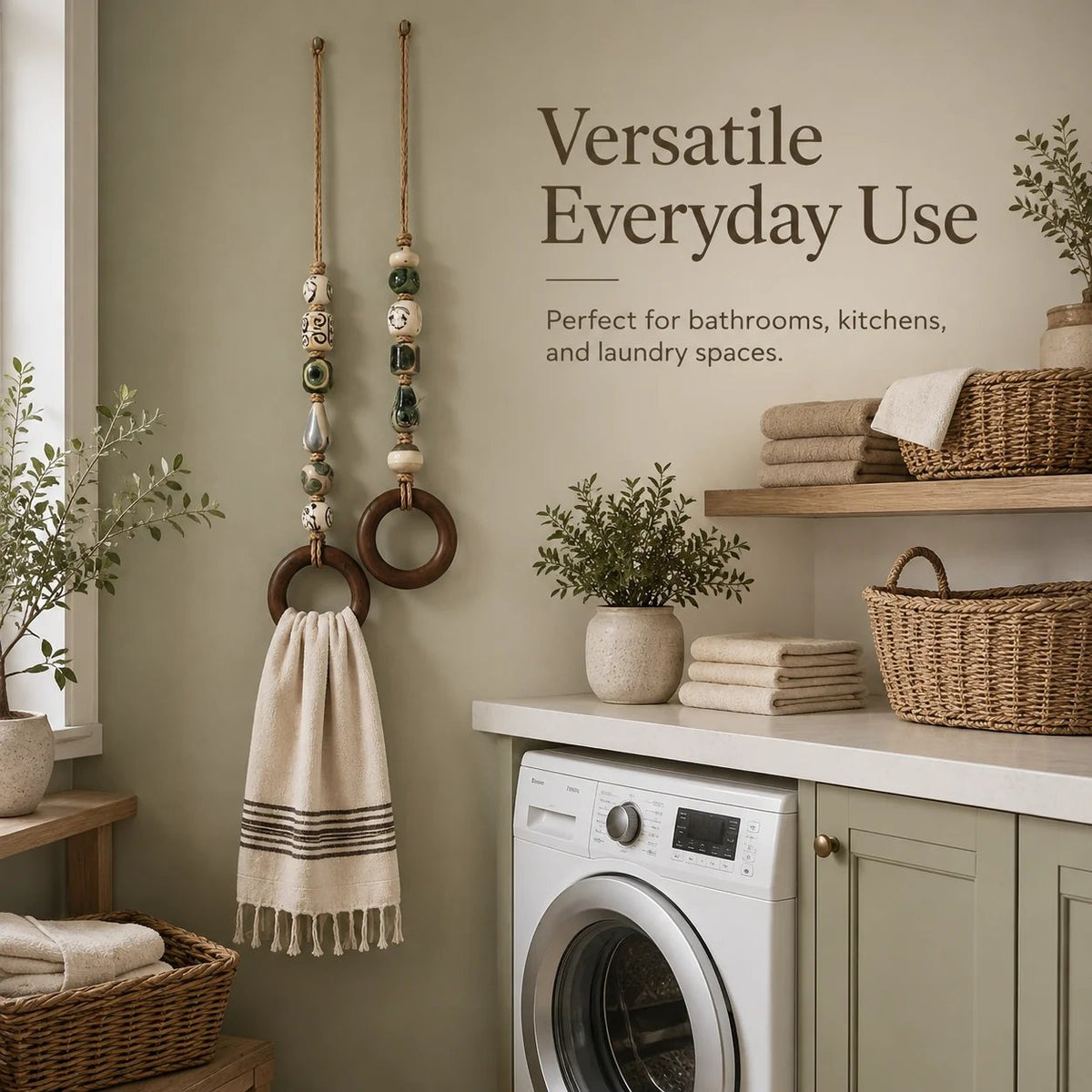 Decoratieve handdoekhanger met kralen en houten ring