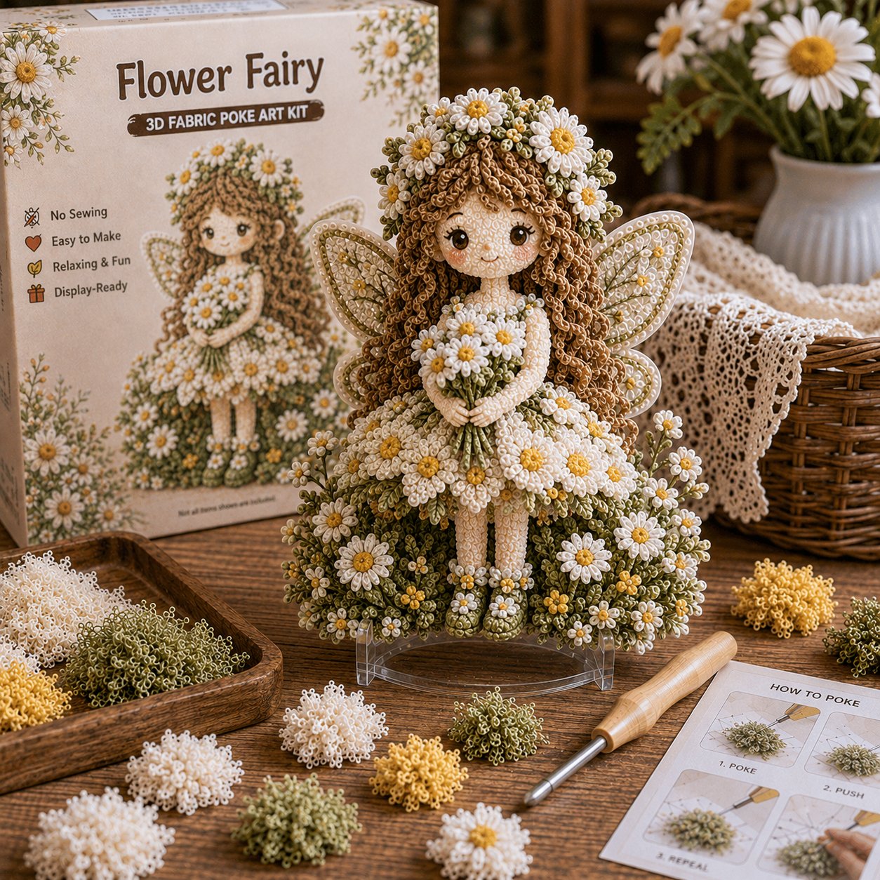 🔥HOT SALE 49% KORTING – 🌸🧚‍♀️ Flower Fairy 3D-stof-poke-art-set | Naai-vrij knutselproject van zachte stof met een reliëfbloemmotief en een kant-en-klare feeënversiering ✨