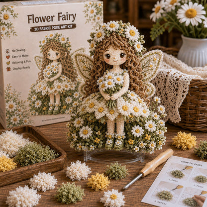 🔥HOT SALE 49% KORTING – 🌸🧚‍♀️ Flower Fairy 3D-stof-poke-art-set | Naai-vrij knutselproject van zachte stof met een reliëfbloemmotief en een kant-en-klare feeënversiering ✨