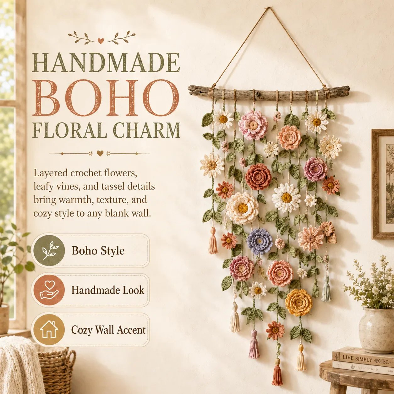Boho-wanddecoratie met gehaakte bloemen