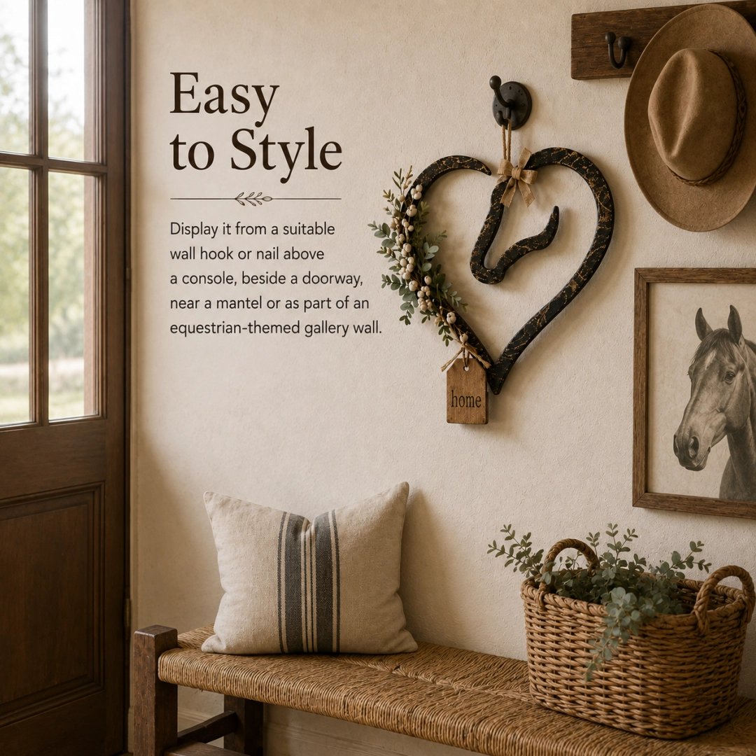 Rustieke wanddecoratie in de vorm van een paardenhart met groen – landelijke paarden-woondecoratie
