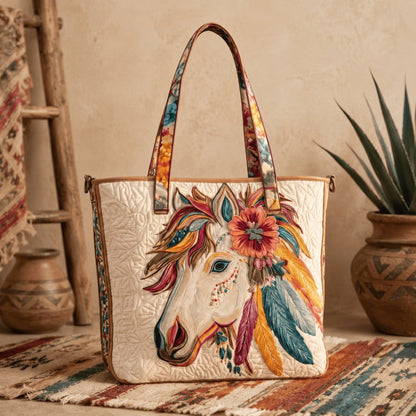 ✨Handgemaakte gewatteerde draagtas — 🎨 Boho-ontwerp met heilige witte buffel, grote, gewatteerde en gevoerde draagtas