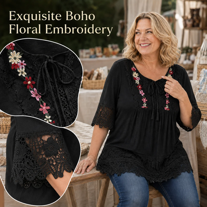 Tuniek in grote maten van katoen en linnen, in boho-stijl met bloemenmotief en geborduurd kant