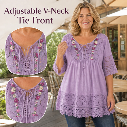 Tuniek in grote maten van katoen en linnen, in boho-stijl met bloemenmotief en geborduurd kant