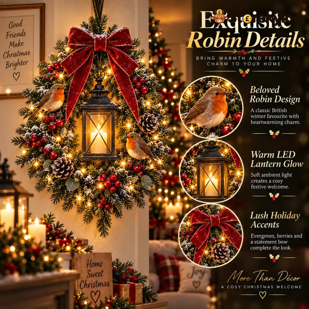 ✨Laatste dag: 49% korting✨🐦 Robin Glow™ – Verlichte kerstkrans met roodborstje
