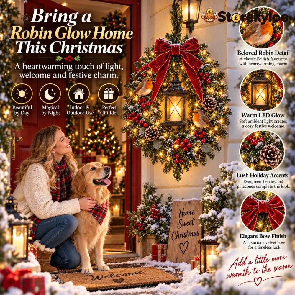 ✨Laatste dag: 49% korting✨🐦 Robin Glow™ – Verlichte kerstkrans met roodborstje