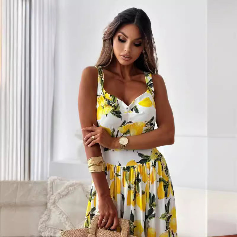 🍋Elegante lange jurk met spaghettibandjes en citroenprint voor vrouwen