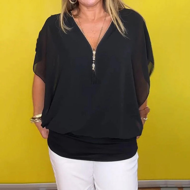 ☀️Damestop met casual chiffonkraag en ritssluiting