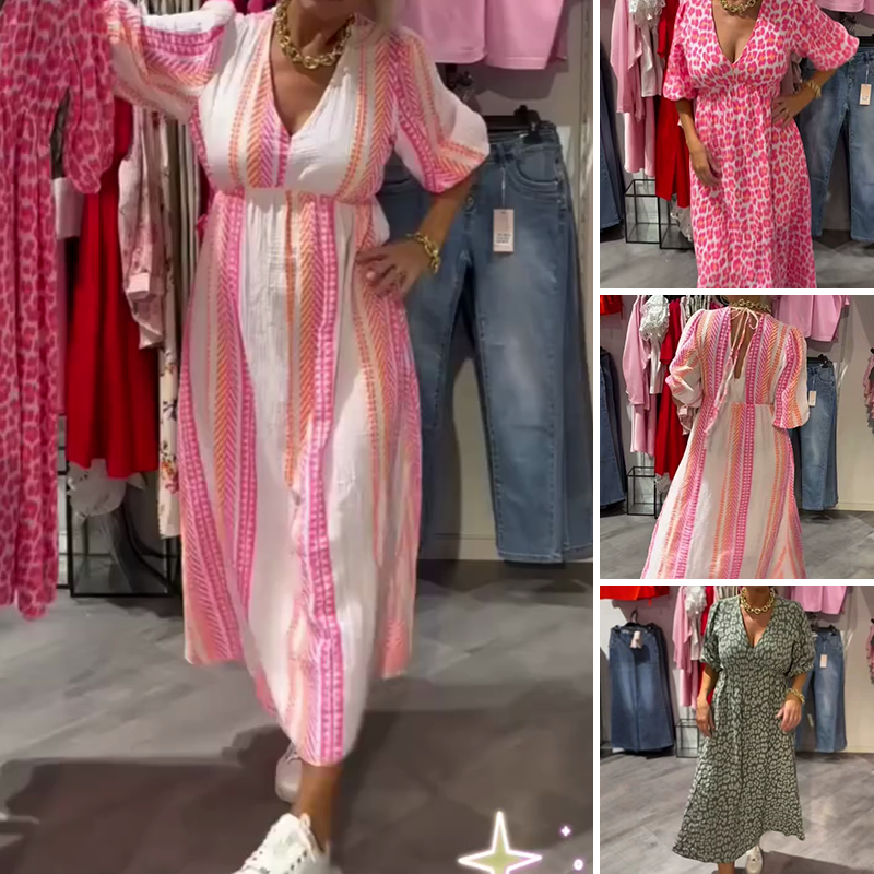 🌞Gedessineerde jurk met V-hals en halternek op de rug