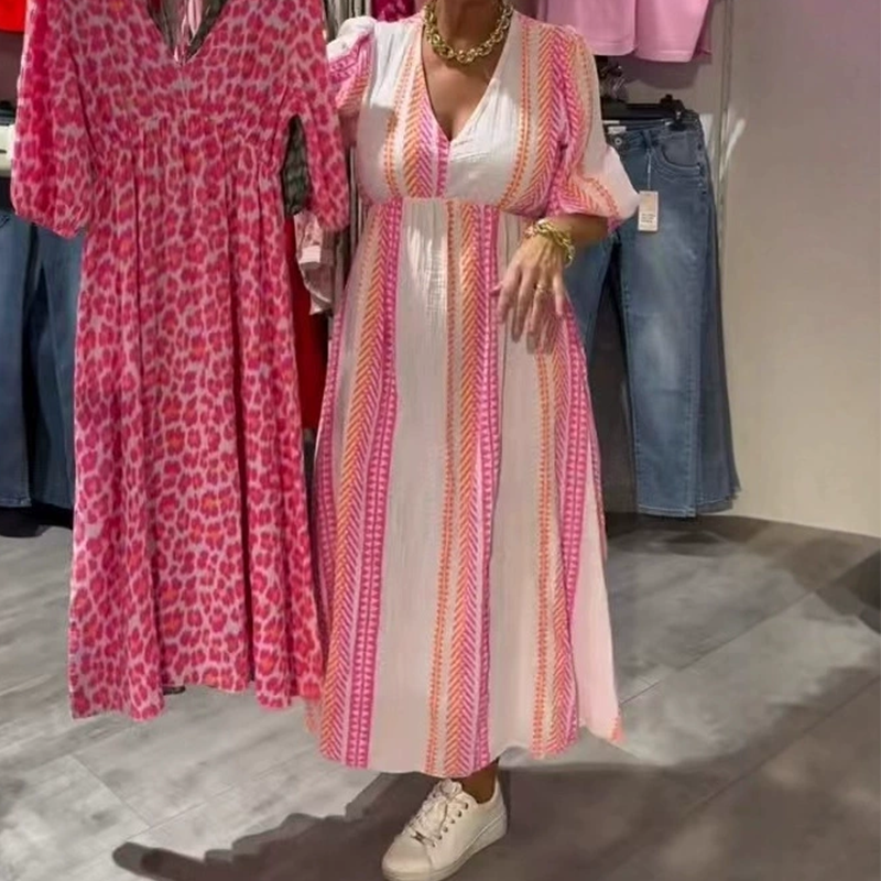 🌞Gedessineerde jurk met V-hals en halternek op de rug