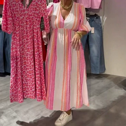 🌞Gedessineerde jurk met V-hals en halternek op de rug