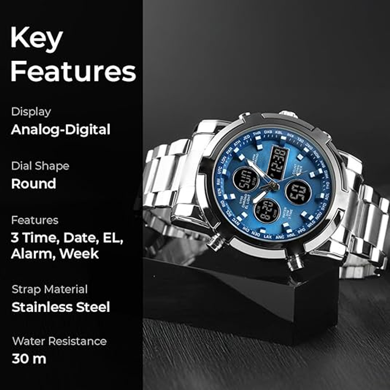 Waterdicht herenhorloge – roestvrij staal, analoog-digitaal, schokbestendig en robuust ontwerp