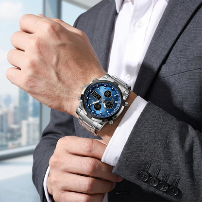 Waterdicht herenhorloge – roestvrij staal, analoog-digitaal, schokbestendig en robuust ontwerp