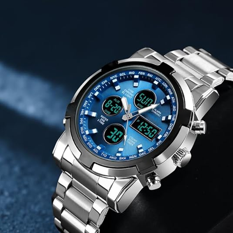 Waterdicht herenhorloge – roestvrij staal, analoog-digitaal, schokbestendig en robuust ontwerp