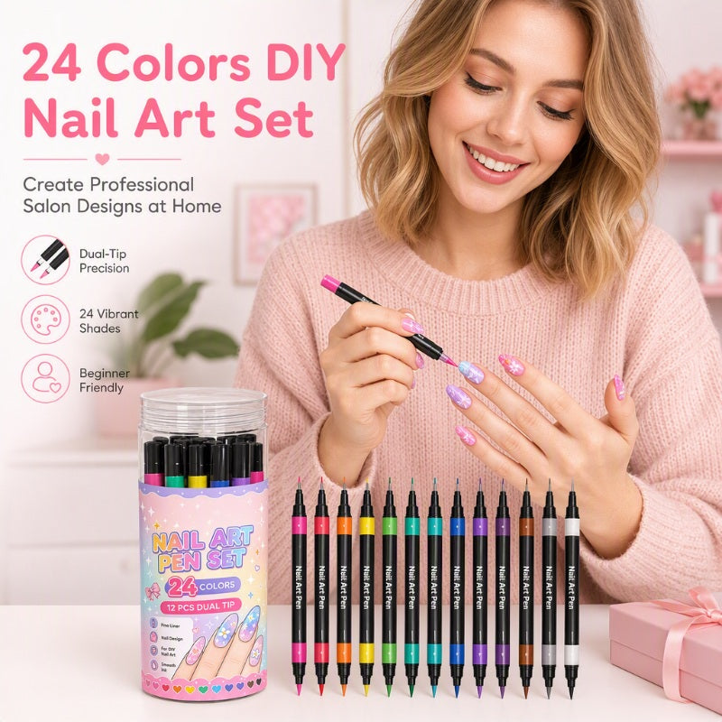 💅 TIJDELIJKE AANBIEDING: 50% KORTING! 💥 Set met 24 kleuren nagelkunstpennen met twee uiteinden – Creatief, salonkwaliteit, eenvoudig zelf te gebruiken ✨