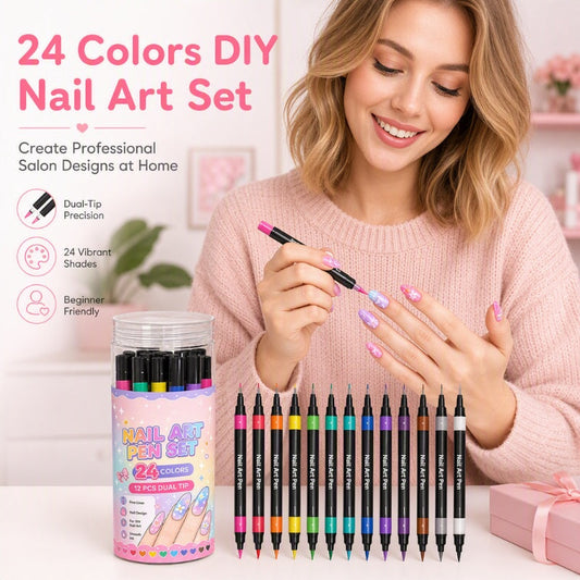 💅 TIJDELIJKE AANBIEDING: 50% KORTING! 💥 Set met 24 kleuren nagelkunstpennen met twee uiteinden – Creatief, salonkwaliteit, eenvoudig zelf te gebruiken ✨
