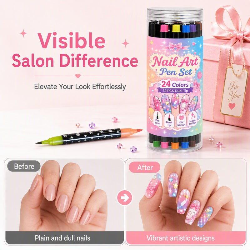 💅 TIJDELIJKE AANBIEDING: 50% KORTING! 💥 Set met 24 kleuren nagelkunstpennen met twee uiteinden – Creatief, salonkwaliteit, eenvoudig zelf te gebruiken ✨