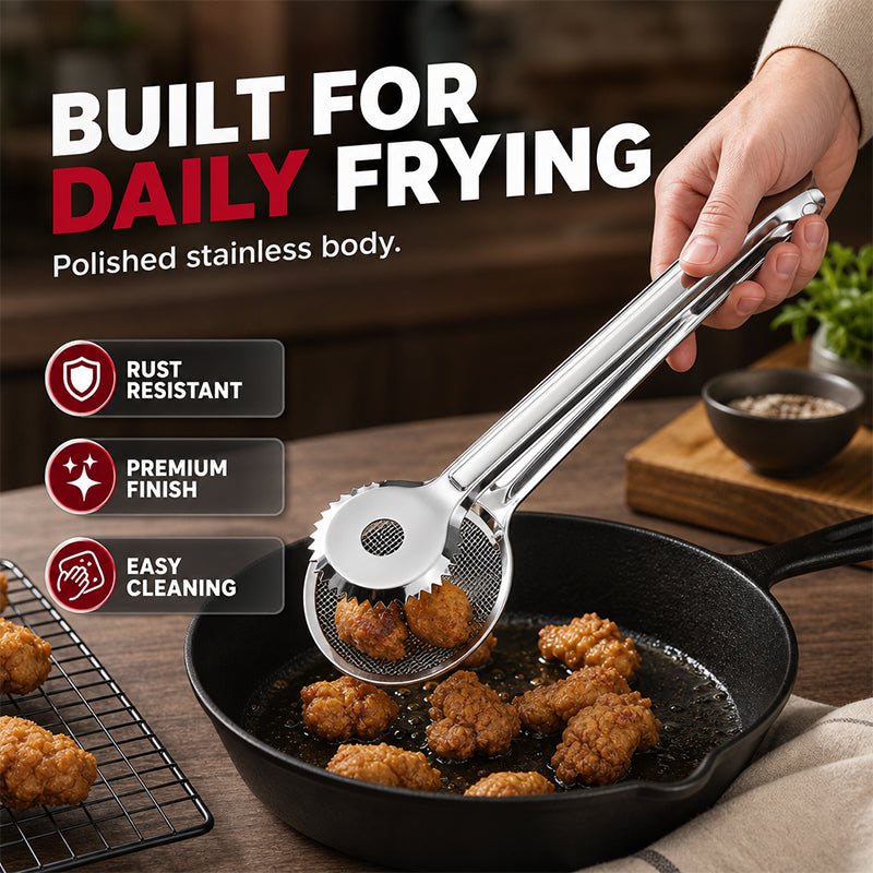 🥢 2-in-1 Stainless Steel Oil Filter Tongs – Easy Kitchen Straining Tool ✨